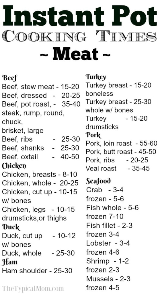 Printable Instant Pot Cooking Times