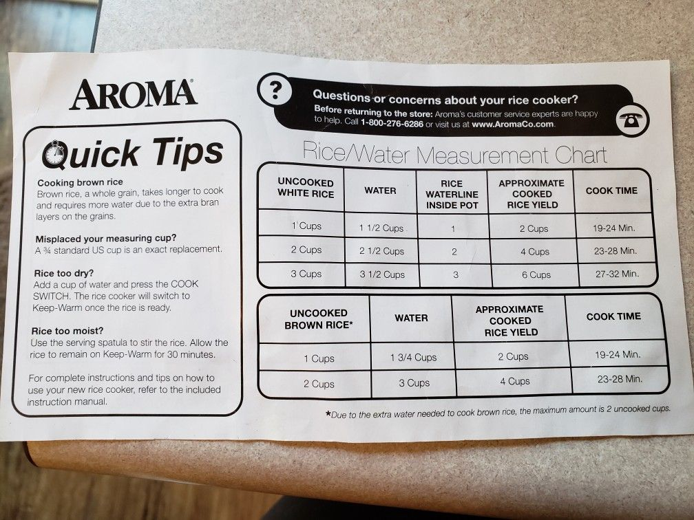 Aroma Rice Cooker Measurement Chart