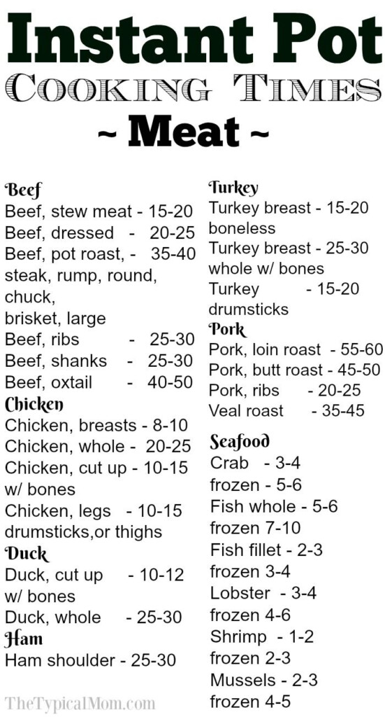 FREE Printable Instant Pot Cooking Times Sheet Meat Beans Veggies 